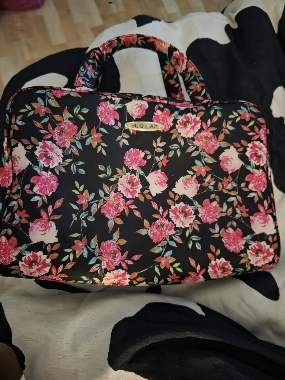Ellen Tracy Floral Cosmetic Toiletries Bag - Pink Floral on Black